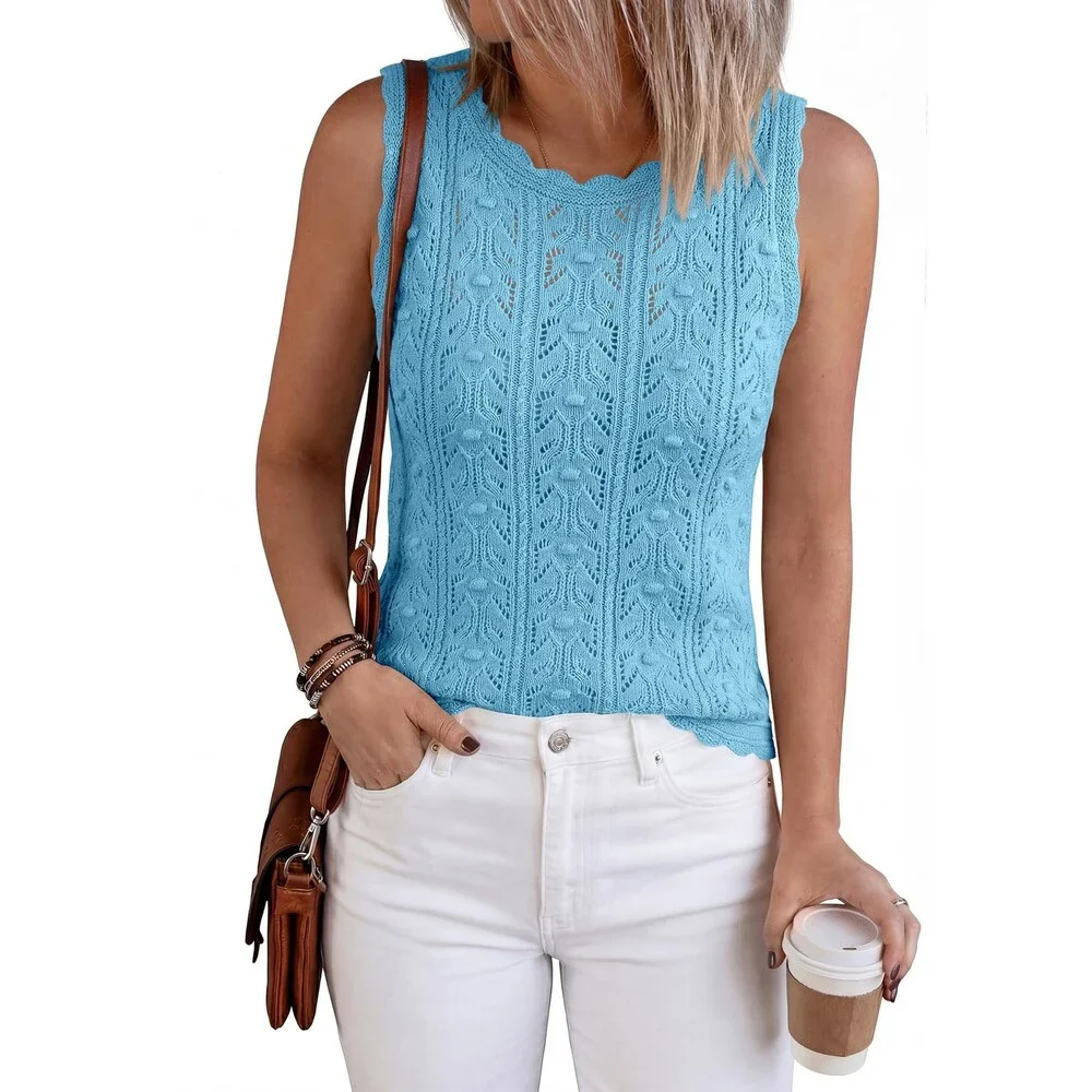 BTFBM Women's Blue Crochet Tops Sleeveless Knit Sweater Vest Tank Top Summer M